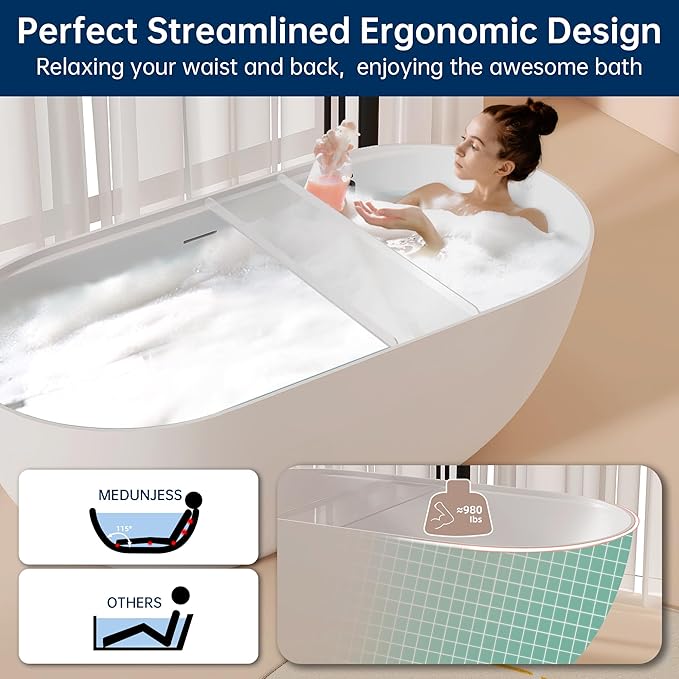 59'' Stone Resin Freestanding Bathtub, Bathroom Solid Surface Tub Bathtubs soaker Tubs Oval Shaped Matte Luxury Modern Soaking Tub with Overflow and Pop-up Drain - White
