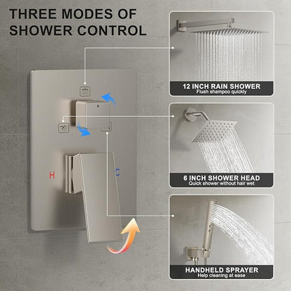 Shower Faucet Set, Wall Mount Shower System 12-inch & 6-inch Dual Shower Head Set with 2 in 1 Handheld Spray Rain Shower Faucet with Rough-in Valve and Shower Trim Kit, Brushed Nickel