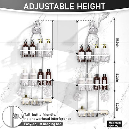 Shower Caddy,Rustproof Shower Shelves Over Shower Head,Triple Adjustable Storage,Silver