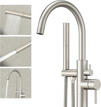 Freestanding Bathtub Faucet Brushed Nickel Tub Filler Floor Mount Free Standing Metal Bathroom Tub Gooseneck Spout with 2 Function Hand Shower
