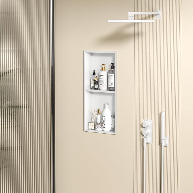 No Tile Needed Shower Niche - 304 Stainless Steel Recessed Bathroom Shelf, 2-Tier Waterproof Organizer (White, 24 Inches X 12 Inches, 2)