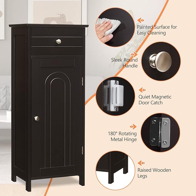 COSTWAY Bathroom Storage Cabinet, Single Door Floor Cabinet with Drawer and 3-Level Adjustable Shelves, Modern Side Storage Organizer with Anti-Tipping Device for Living Room, Bedroom (Brown)