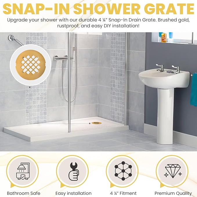 4 ¼” Brushed Gold Snap-in Shower Drain Cover - Gold Replacement - 4.25" OD Shower Drain Strainer - Easy Install - Premium Round Shower Drain Cover - Solid Brass Construction