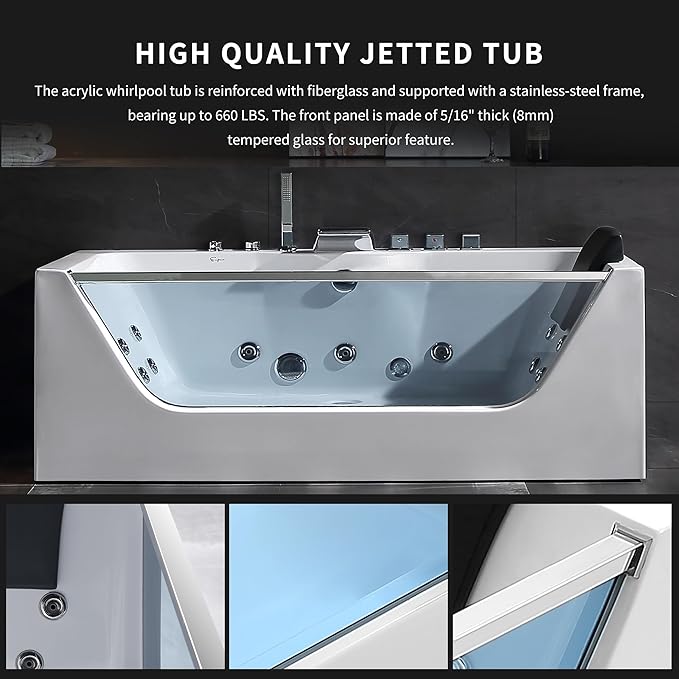Empava 67” Whirlpool Bathtub with Chromatherapy, Hydrotherapy Jetted Bathtub with Glass Panel, 11 Jets,3-Side Apron,67 Gallons,ETL Certified, White