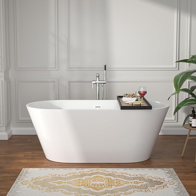 59 Inch Freestanding Acrylic Bathtub White Roll Top Soaking Tub with Chrome Drain Glossy Finish for Modern Bathrooms, YSB9218