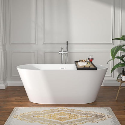 59 Inch Freestanding Acrylic Bathtub White Roll Top Soaking Tub with Gold Drain Glossy Finish for Elegant Bathroom Style, YSB9220