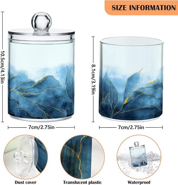 MNSRUU 2 Pack Qtip Holder Organizer Dispenser Blue Watercolor Marble Bathroom Storage Canister Cotton Ball Holder Bathroom Containers for Cotton Swabs/Pads/Floss
