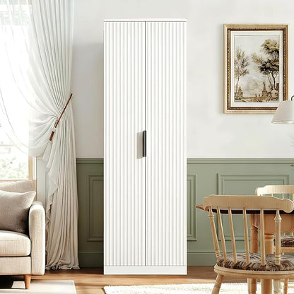 VINGLI 70" Modern Pantry Cabinet with Fluted Doors, 5 Adjustable Shelves, Tall Storage Solution for Kitchen, Dining Room, or Living Room, White