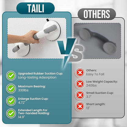 TAILI Grab Bars for Bathtubs and Showers, Shower Handles for Elderly Suction,Maximum 330lbs,Shower Grab Bar with Upgraded Rubber Suction Cups,Safety Grip for Senior, No Drilling Removable,Grey