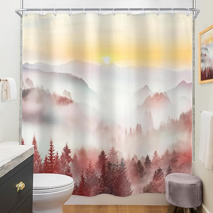 Riyidecor Misty Mountain Shower Curtain 72Wx72H Inch Red Sunrise Nature Scenery Foggy Pine Tree Scenic Forest Woodland Modern Natural Landscape Bathroom Decor Fabric Polyester Waterproof 12 Pack Hooks