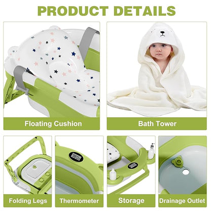 MoreFeel Collapsible Baby Bathtub for Newborn with Thermometer & 1 Hooded Towel & 1 Soft Floating Cushion,Portable Travel Bathtub with Drain Hole, Durable Foldable Baby Tubs for Infants to Toddler