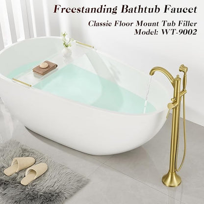 Free Standing Tub Faucet, High Flow Rate Brushed Light Gold Classic Freestanding Tub Faucets with Hand Shower Brass Floor Mount Tub Filler （WT-9002BGZZ）