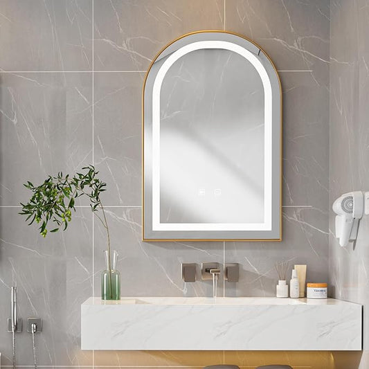 LED Bathroom Mirrors with Lights,24"x36"Black Arched Mirror for Bathroom,Fogless,3 Colors Dimmable,Anti-Fog,Wall Mounted Lighted Vanity Mirror,Gold