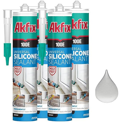 Akfix 100E RTV Translucent Silicone Caulk (4x10.1 fl.oz.) - 100% Waterproof Silicone Sealant for Kitchen and Bathroom, Shower, Toilet, Sink, Window and Door, No Yellowing | Translucent, 4 Pack