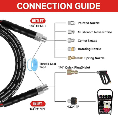 Sewer Jetter Kit for Pressure Washer 100FT, Drain Cleaner Hose 1/4 Inch NPT, NPT Corner Swivel and Push Button Nose Sewer Jet Nozzle Wrenches Gloves Waterproof Tape Pearl Brooch,5800PSI
