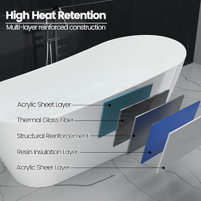 Freestanding Bathtubs 59 Inch Free Standing Bath Tub with Chrome Drain & Integrated Overflow, Elegant Free Standing Soaking Tub for Apartment or Condo Bathrooms, Luxury Soaking Tub for Relaxation