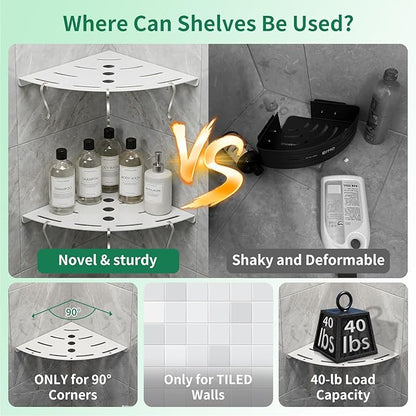 XIHLZYEH Corner Shower Shelves, 2 Pack 304 Stainless Steel Shower Shelf with 6 Hooks 40 lbs Heavy Duty, Durable Wall Mounted Organizer for Bathroom Drilling Installation（White