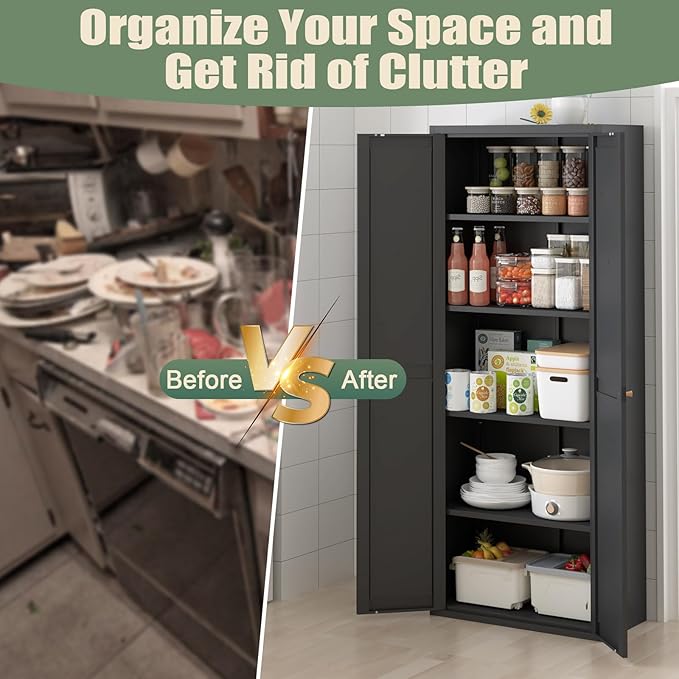 71" Tall Kitchen Pantry Storage Cabinet,Black Metal Storage Cabinets with Doors and Adjustable Shelves,5 Tier Kitchen Cupboard for Dining Room Office Bathroom