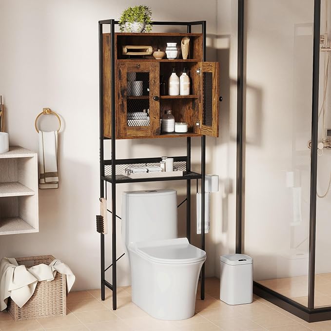Tangkula Over The Toilet Storage Cabinet, 5-Tier Space Saver Above Toilet with 2 Mesh Doors, Metal Stand, Toilet Paper Holder & Hook, Freestanding Bathroom Cabinet Organizer for Laundry, Rustic Brown