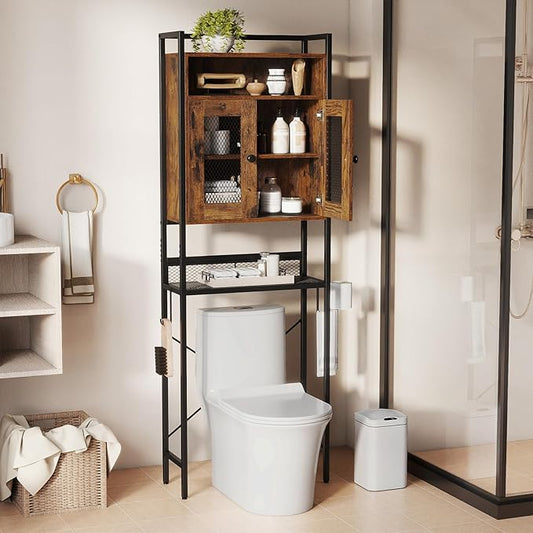 Tangkula Over The Toilet Storage Cabinet, 5-Tier Space Saver Above Toilet with 2 Mesh Doors, Metal Stand, Toilet Paper Holder & Hook, Freestanding Bathroom Cabinet Organizer for Laundry, Rustic Brown