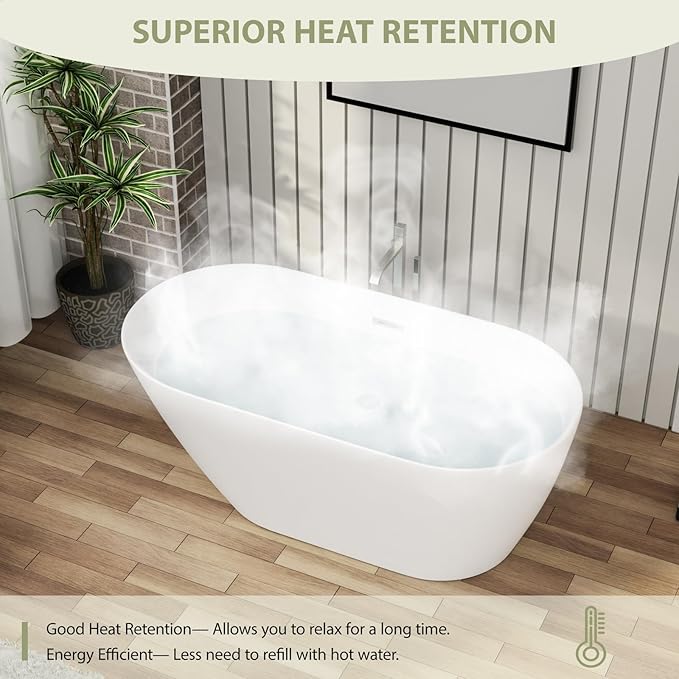 Mocoloo 59" Acrylic Freestanding Bathtub Contemporary Soaking White Bath Tub with Gold Overflow and Drain