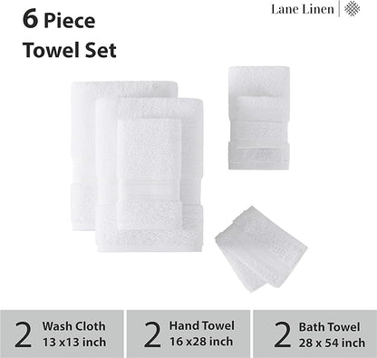LANE LINEN Towel Set of 6 – 100% Mercerized Cotton, Zero Twist, 2 Large Bath Towel, 2 Hand Towels & 2 Wash Cloths, Quick Dry & Long-Lasting, Perfect for Family Bathrooms, Easy Care – White Towels