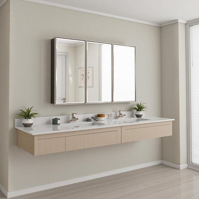 Pre-Assembled Surface or Recessed Medicine Cabinet Mirror-48x30 Brushed Nickel Bathroom Medicine Cabinet with Mirror & Rustproof Aluminum Frame, Beveled Bathroom Vanity Mirror with Storage