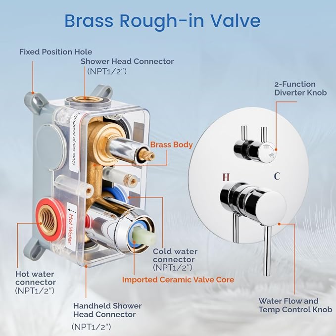 Airuida Shower Fixtures 2 Functions Shower Faucet Set Wall Mounted for Bathroom High Pressure Brass Handheld Shower with Rough-in Valve Round Rainfall 12 Inch Shower Head Chrome Polish
