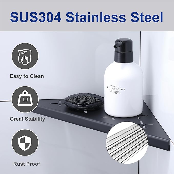 12" Corner Shower Shelf, 1-Pack Shower Shelves SUS304 Stainless Steel Bathroom Shelves for Tile Walls, Recessed Corner Shelf Organizer Rack, No Drilling (Matte Black)