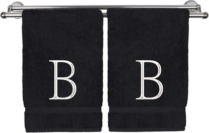 Monogrammed Hand Towel, Personalized Initial Gift, Extra Absorbent 100% Turkish Cotton - Soft Terry Finish - Set of 2 - White Block Initial B - Embroidered on Black Towels