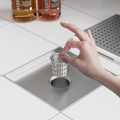 Neodrain 8-Inch Square Shower Drain with Removable Quadrato Pattern Grate, Brushed 304 Stainless Steel Square Drain with Stainless Hair Strainer,CUPC Certified.