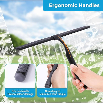 Quntis 12 Inch Squeegee for Shower Glass, Black Shower Squeegee with Adhesive Hooks Heavy Duty, Non-Slip Long Handle, Spare Blade, All-Purpose Squeegee Cleaning for Bathroom Doors Car Window