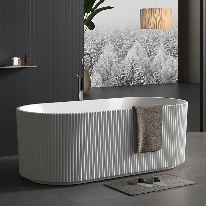 67" Free Standing Tub, Acrylic Soaking Bathtub, Stand Alone Freestanding Tub with Matte Sliver Drain and Overflow, Contemporary Bathtub for Bathroom, Pleated Gloss White