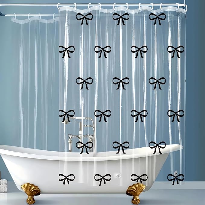 Clear Cute Black Bow Shower Curtain Liner, Plastic Transparent Girly Fancy Shower Curtain, Aesthetic Preppy Shower Curtain Bow Bathroom Decor for Women, 72x72 Shower Curtain Set with Magnets 12 Hooks