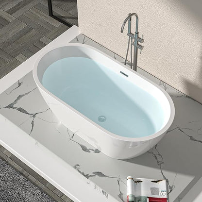 Logmey 59 Inch White Acrylic Freestanding Bathtub with Overflow Oval Shape Soaking Tub for Classic and Modern Bathrooms Chrome, Drain & Overflow Assembly Included