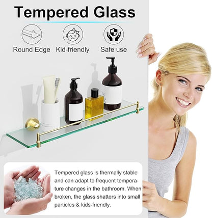 20 Inches Glass Shelves for Bathroom, Brushed Gold Floating Glass Shelf Stainless Steel Tempered Glass Bathroom Shelves for Wall Mount Modern