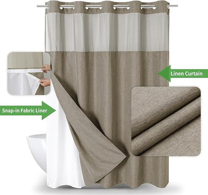 Long No Hooks Needed Linen Textured Shower Curtain with Snap-in Fabric Liner Set,Hotel Luxury Decor Shower Curtains for Bathroom,Waterproof & Washable,71Wx80H,Khaki/Tan