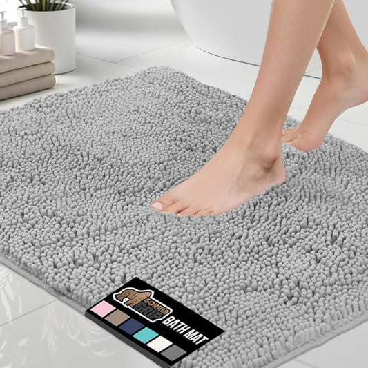 GORILLA GRIP Bath Rug Mat 48x24, Soft Absorbent Chenille, Quick Dry Microfiber Mats, Rubber Backing Washable Shower Floor Rugs, Bathmat Runner, US Designed Bathroom Home Decor Accessories Light Gray
