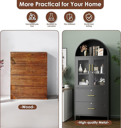 73''H Metal Arch File Cabinet, Black Arched Bookcase with Locking Glass Doors and Drawers,Filing Cabinet for Home Office,Assemble Required,Black