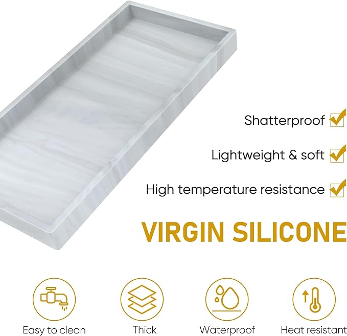 Silicone Bathroom Tray,Shatterproof Bathroom Vanity Tray,High-Grade Silicone Durable Rectangle Tray for Bathroom Trays for Counter Soap Dispenser Tray-Large 10.6 * 5.1 in