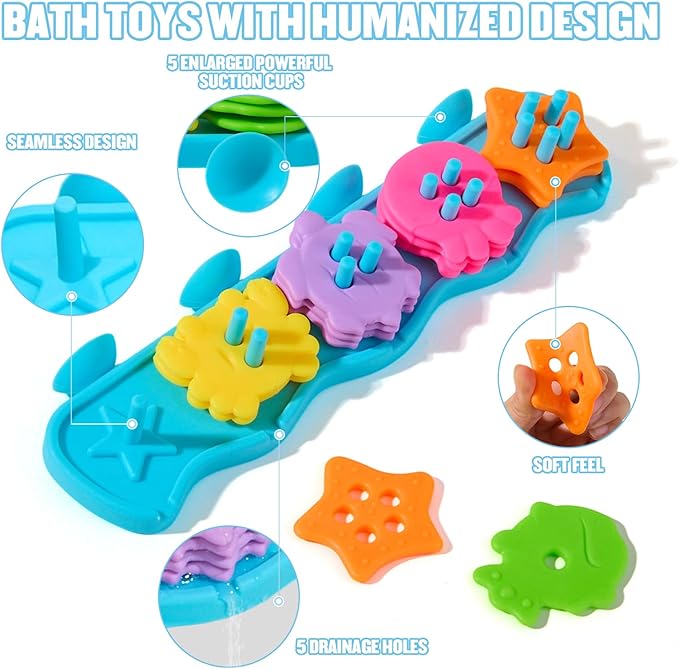 Bath Toys for Kids Ages 1-3 Mold Free Bath Toys Color and Shape Sorting & Stacking Toys with 21 Soft Rubber Floating Pieces for Babies 18+ Months, Early Learning Educational Bathtub Toddler Toys