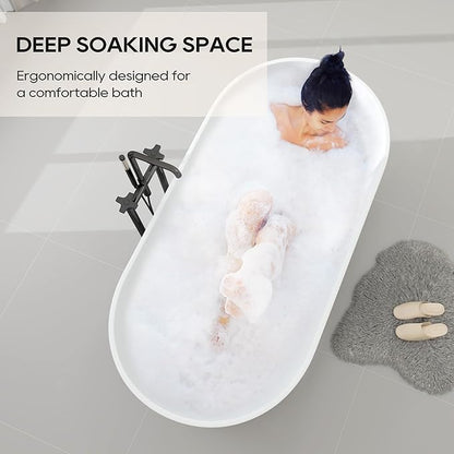 SJ STAR&JANE 69" Solid Surface Freestanding Bathtub, Matte White Oval Stone Resin Soaking Tub Stand Alone Tub with Overflow and Pop-up Drain for Modern Bathrooms