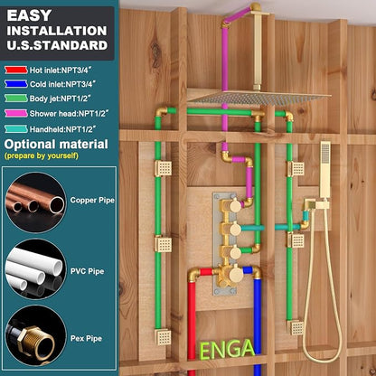 Enga Luxury Brushed Gold Shower System, 16 Inch Rain Shower Head with Body Spray Thermostatic Shower Faucet Set, Can Use All Functions At a Time (Volume Adjustable)