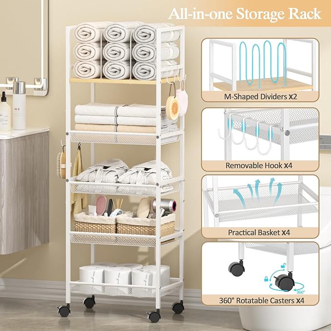 5-Tier Bathroom Storage Shelf, Mobile Metal Free Standing Shelving Unit with Wheels, Towel Rack Organizer with M-Shaped Detachable Dividers & 4 S-Hooks, Rolling Cart for Bathroom Laundry Kitchen,White