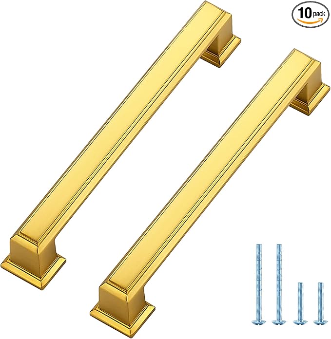Ravinte Hardware 10 Pack Brushed Brass Cabinet Pulls, 5 Inch (128mm) Hole Center Zinc Alloy Drawer Handles for Kitchen Cabinets, Cupboards, Dressers, Square Solid Metal Hardware