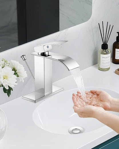 Bathroom Faucets with Lift Rod Drain Chrome Waterfall Bathroom Sink Faucet Modern Single Handle Bathroom Faucet for 1 or 3 Hole Mxier Tap Washbasin Faucet with Deck