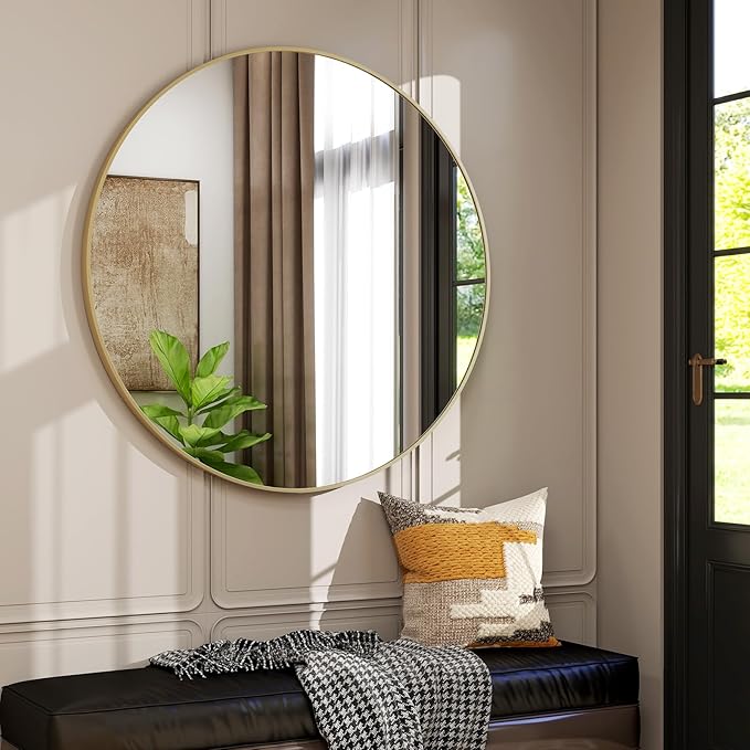32 Inch Round Bathroom Mirror - Black Wall Mounted Circle Mirror with Metal Frame, Modern Round Hanging Mirror Suitable for Bathroom, Vanity, Entryway, Living Room