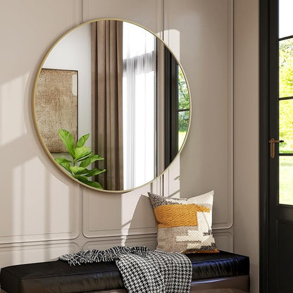 32 Inch Round Bathroom Mirror - Black Wall Mounted Circle Mirror with Metal Frame, Modern Round Hanging Mirror Suitable for Bathroom, Vanity, Entryway, Living Room
