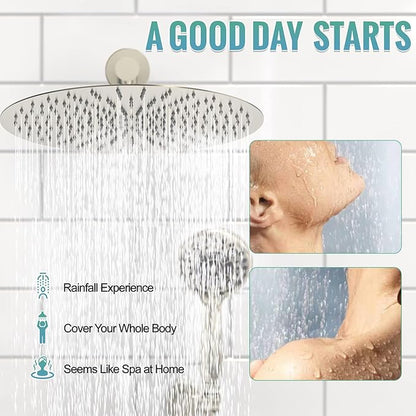 SR SUN RISE Shower Faucet - 16 Inch Multifunctional High Pressure Shower Head System with Handheld Shower Head Fixtures - Valve Included - Brushed Nickel