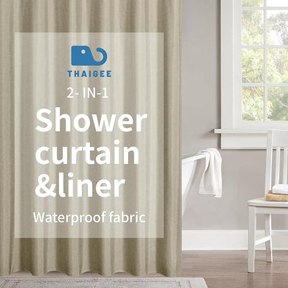 2-in-1 Waterproof Fabric Shower Curtain or Liner,Linen Textured,Breathable TPU & Washable Bathroom Shower Curtain Set with 12 Plastic Hooks,Modern,72"x72" Khaki